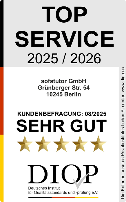 Auszeichnung, Top Service, 2025 / 2026, sofatutor GmbH, Kundenbefragung 08/2025, sehr gut, fünf Sterne, DIOP, Deutsches Institut für Qualitätsstandards und -prüfung e.V., Die Kriterien unseres Privatinstitutes finden Sie unter: www.diqp.eu